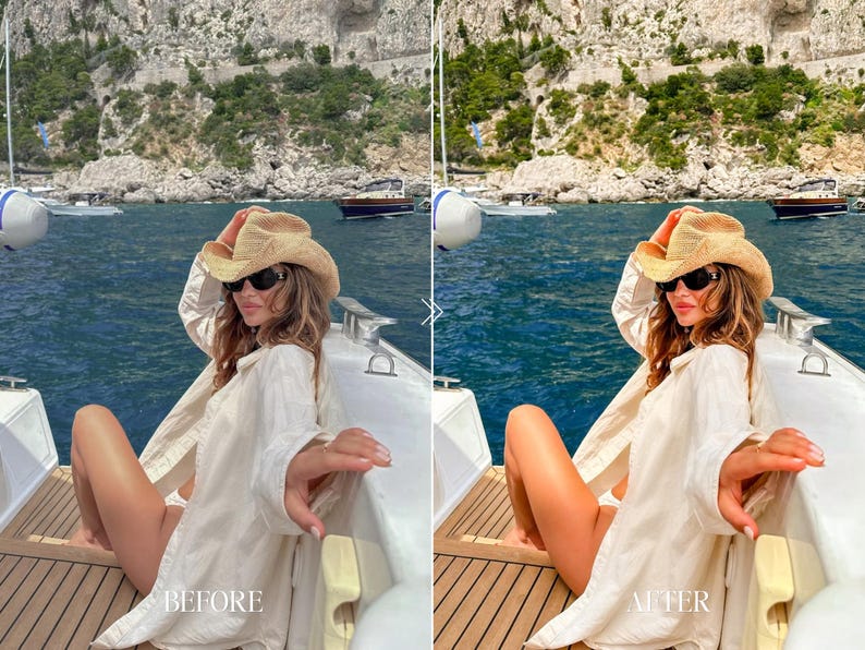 Before and after European Summer Lightroom preset on luxury boat portrait with enhanced warm skin tones, rich blue water and bright summer aesthetic