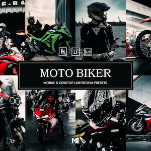 Könnte beinhalten: Eine Collage mit Motorradbildern und Fahrern, die verschiedene Stile und Farben zeigen. Das zentrale Banner lautet "MOTO BIKER" mit "MOBILE & DESKTOP LIGHTROOM PRESETS" darunter. Das Bild zeigt eine Vielzahl von Motorrädern, darunter rote, grüne und schwarze Modelle.