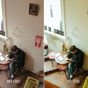Before and after overhead cafe scene edited with Fuji film Lightroom preset showing warm tones, enhanced lighting, and nostalgic film aesthetic