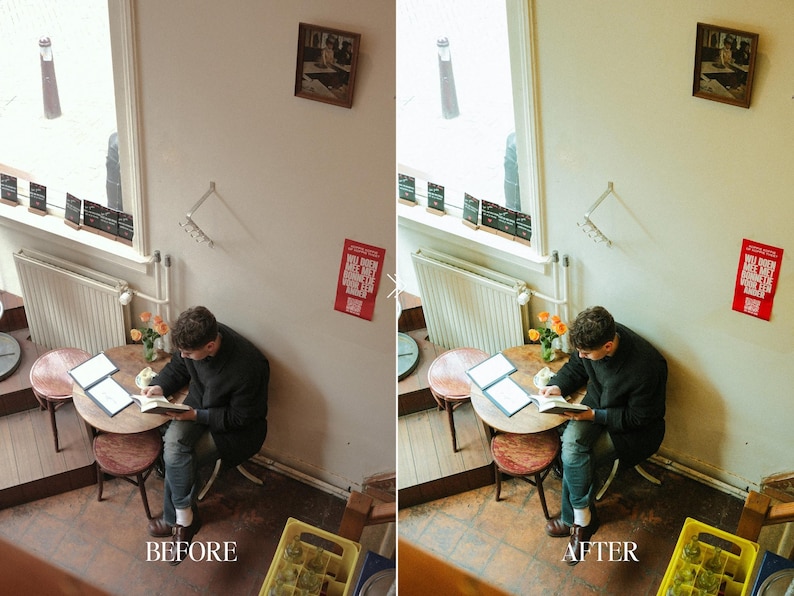 Before and after overhead cafe scene edited with Fuji film Lightroom preset showing warm tones, enhanced lighting, and nostalgic film aesthetic