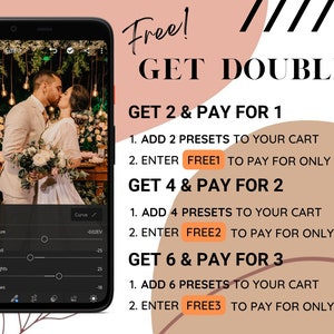Pu&ograve; includere: Uno smartphone mostra un'interfaccia di editing fotografico con una coppia che si bacia. Il testo a destra promuove un'offerta "Get Double", con istruzioni per aggiungere preset e utilizzare codici come FREE1, FREE2 e FREE3.