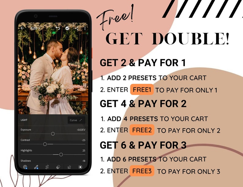 Pu&ograve; includere: Uno smartphone mostra un'interfaccia di editing fotografico con una coppia che si bacia. Il testo a destra promuove un'offerta "Get Double", con istruzioni per aggiungere preset e utilizzare codici come FREE1, FREE2 e FREE3.