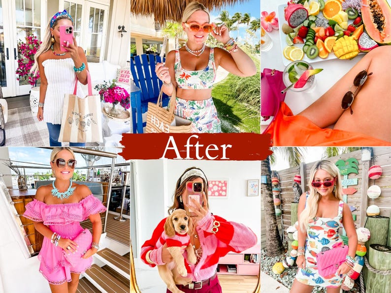 Before and after comparison of bright colorful Lightroom presets showing vibrant summer outfits, enhanced colors, clean whites, and a colorful Instagram aesthetic using mobile presets.