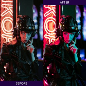 K&ouml;nnte beinhalten: Eine Person tr&auml;gt eine schwarze Lederjacke und einen Steampunk-Helm mit Kopfh&ouml;rern. Im Hintergrund Neon-Schilder mit dem Text "KOF" in Rot und Wei&szlig;. Das Bild ist geteilt, mit den Texten "VORHER" und "NACHHER".
