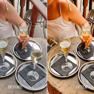 Before and after Lightroom preset for European café table photography with warm highlights, luxury brunch tones and aesthetic travel colors