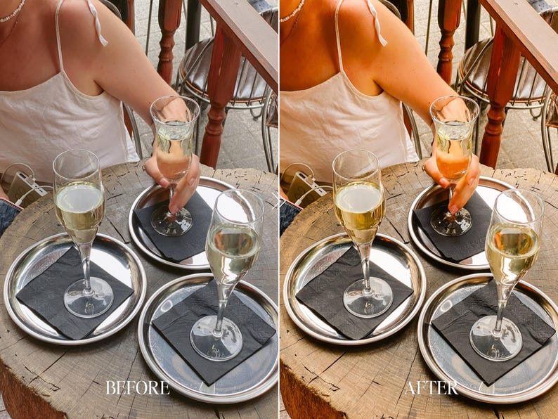 Before and after Lightroom preset for European café table photography with warm highlights, luxury brunch tones and aesthetic travel colors