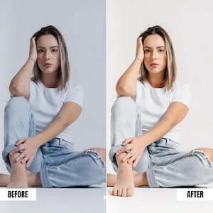Indoor portrait before and after using studio Lightroom preset enhancing natural skin tone, neutral background and clean professional photo look