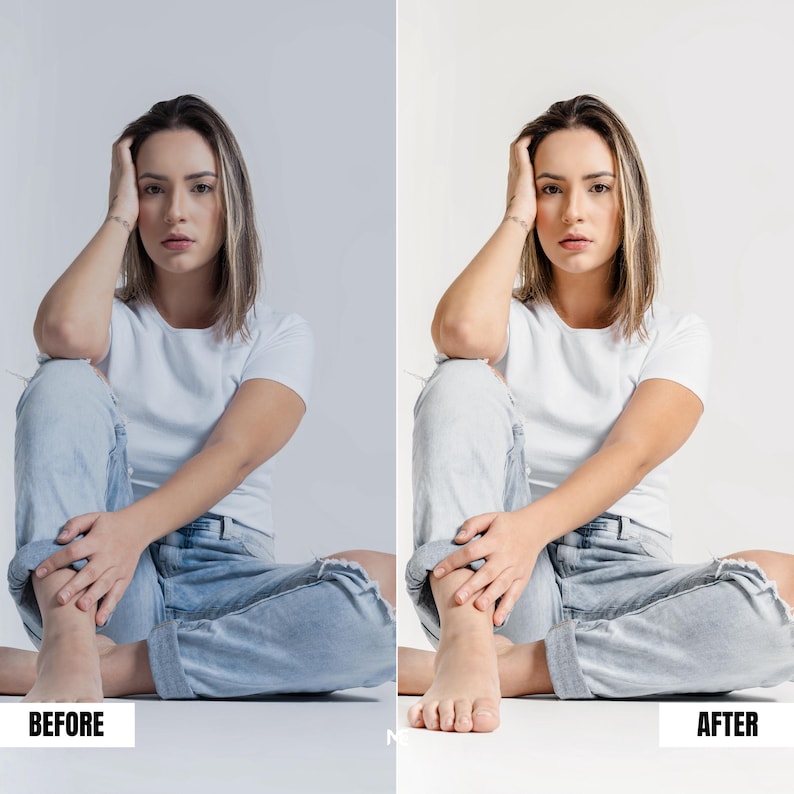 Indoor portrait before and after using studio Lightroom preset enhancing natural skin tone, neutral background and clean professional photo look