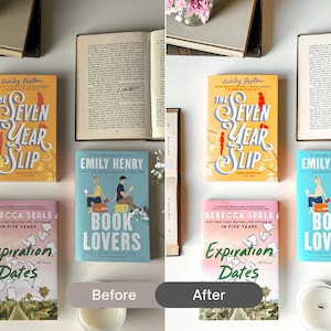Before and after Book Photography Lightroom Presets comparison with vibrant colors, clean whites, enhanced book covers and professional Bookstagram editing.