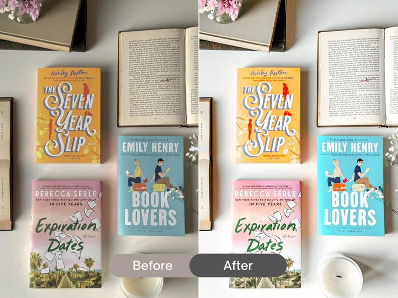 Before and after Book Photography Lightroom Presets comparison with vibrant colors, clean whites, enhanced book covers and professional Bookstagram editing.