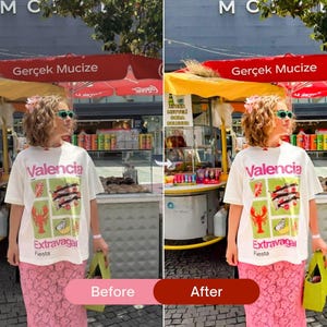 Before and after detail shot edited with color pop Lightroom presets, highlighting vibrant pinks, textured fabrics, and bold summer colors.