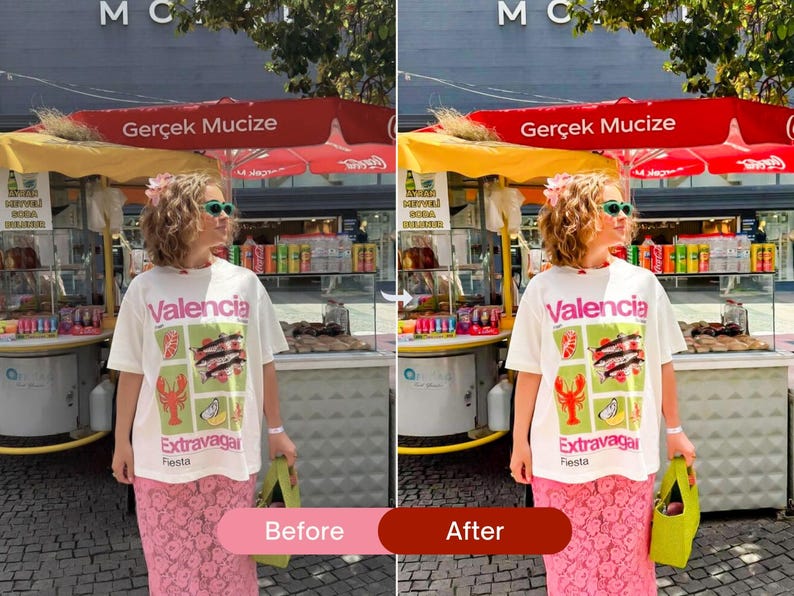 Before and after detail shot edited with color pop Lightroom presets, highlighting vibrant pinks, textured fabrics, and bold summer colors.