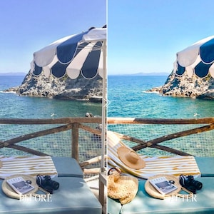 Before and after Instagram Lightroom preset enhancing beach club scene with bright aqua water, warm sunlight and premium vacation tones
