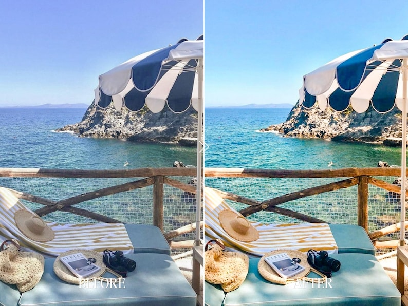 Before and after Instagram Lightroom preset enhancing beach club scene with bright aqua water, warm sunlight and premium vacation tones