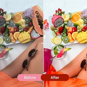 Before and after food photography edited with color pop Lightroom presets, highlighting vibrant fruit colors, bright whites, and a fresh summer aesthetic.