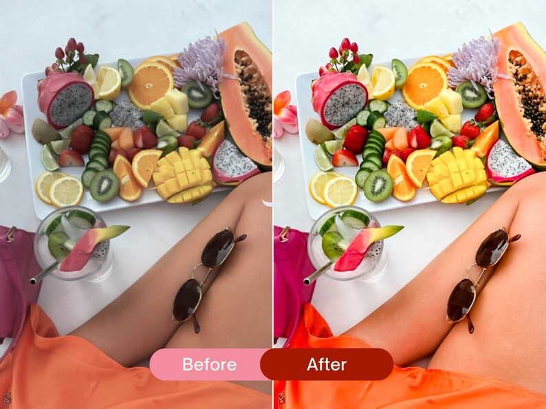 Before and after food photography edited with color pop Lightroom presets, highlighting vibrant fruit colors, bright whites, and a fresh summer aesthetic.