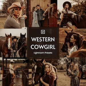 May include: A collage of images with a Western cowgirl theme. The images feature women with horses, wearing cowboy hats and Western-style clothing. The text "WESTERN COWGIRL Lightroom Presets" is displayed in the center.