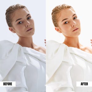 Beauty portrait before and after Lightroom preset brightening highlights, smoothing skin tones and clean high-key photography style