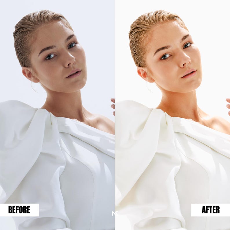 Beauty portrait before and after Lightroom preset brightening highlights, smoothing skin tones and clean high-key photography style