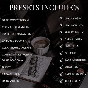 Bookstagram Lightroom Presets Bundle includes Dark Academia, Cozy Bookstagram, Pastel Bookstagram, Caramel Bookish, Clean, Gothic, Dark Luxury and Bright Airy Lightroom Presets.