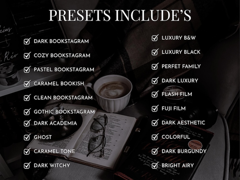 Bookstagram Lightroom Presets Bundle includes Dark Academia, Cozy Bookstagram, Pastel Bookstagram, Caramel Bookish, Clean, Gothic, Dark Luxury and Bright Airy Lightroom Presets.
