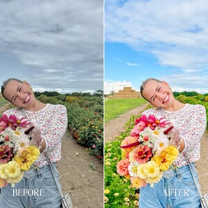 Before and after Lightroom preset transformation with vibrant flowers natural skin tones and colorful outdoor photography