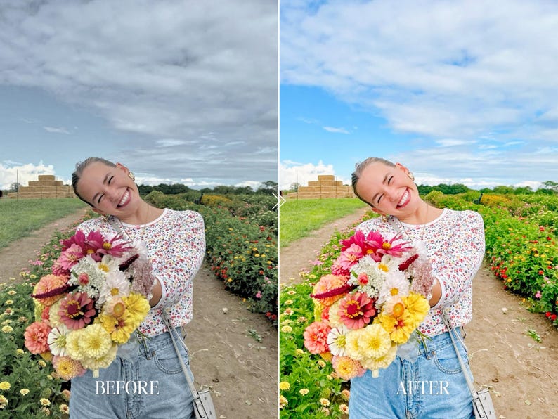 Before and after Lightroom preset transformation with vibrant flowers natural skin tones and colorful outdoor photography