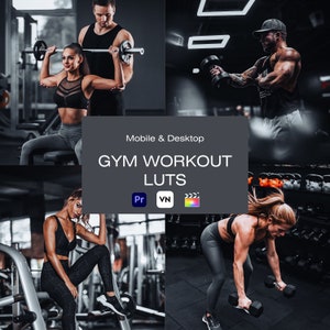 Puede incluir: Un collage de cuatro imágenes que muestran a personas haciendo ejercicio en un gimnasio. Las imágenes muestran a personas levantando pesas, haciendo sentadillas y utilizando otros equipos de gimnasio. Las imágenes están en blanco y negro y tienen un aspecto vintage. El texto "Mobile & Desktop GYM WORKOUT LUTs Pr VN" está en el centro del collage.