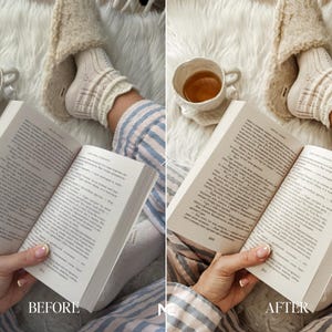 Before and after Cozy Book Lightroom Presets showing soft beige tones, warm coffee aesthetic, clean editing and relaxing reading photography transformation.