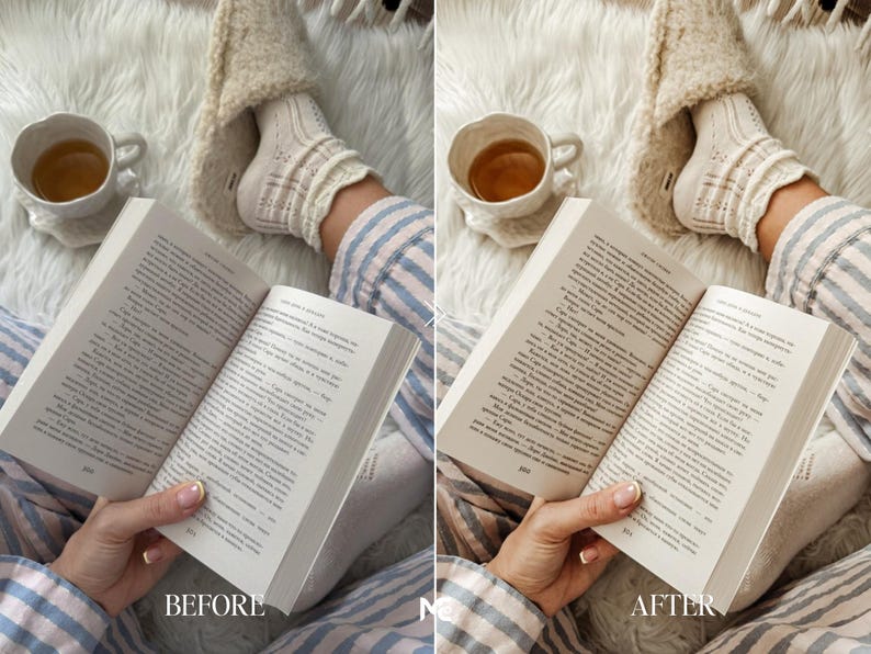 Before and after Cozy Book Lightroom Presets showing soft beige tones, warm coffee aesthetic, clean editing and relaxing reading photography transformation.