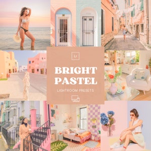 May include: A collage of images featuring a variety of pastel-colored scenes, including a woman in a bikini standing on a beach, a woman walking down a narrow street, a woman sitting on a couch, and a woman standing in front of a building. The text "BRIGHT PASTEL" is displayed in the center of the collage, along with the text "LIGHTROOM PRESETS".