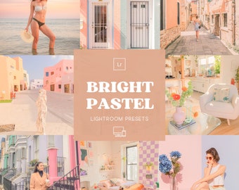 Puede incluir: Un collage de imágenes que presentan una variedad de escenas en colores pastel, incluyendo una mujer en bikini de pie en una playa, una mujer caminando por una calle estrecha, una mujer sentada en un sofá y una mujer de pie frente a un edificio. El texto "BRIGHT PASTEL" se muestra en el centro del collage, junto con el texto "LIGHTROOM PRESETS".