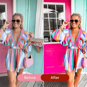 Before and after travel lifestyle photo edited with bright colorful Lightroom presets, featuring enhanced reds, yellows, and a vibrant city aesthetic.