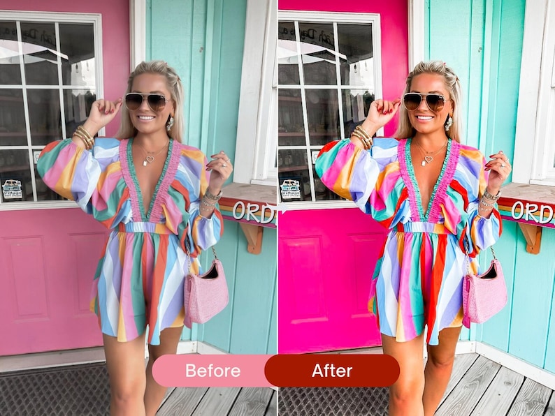 Before and after travel lifestyle photo edited with bright colorful Lightroom presets, featuring enhanced reds, yellows, and a vibrant city aesthetic.