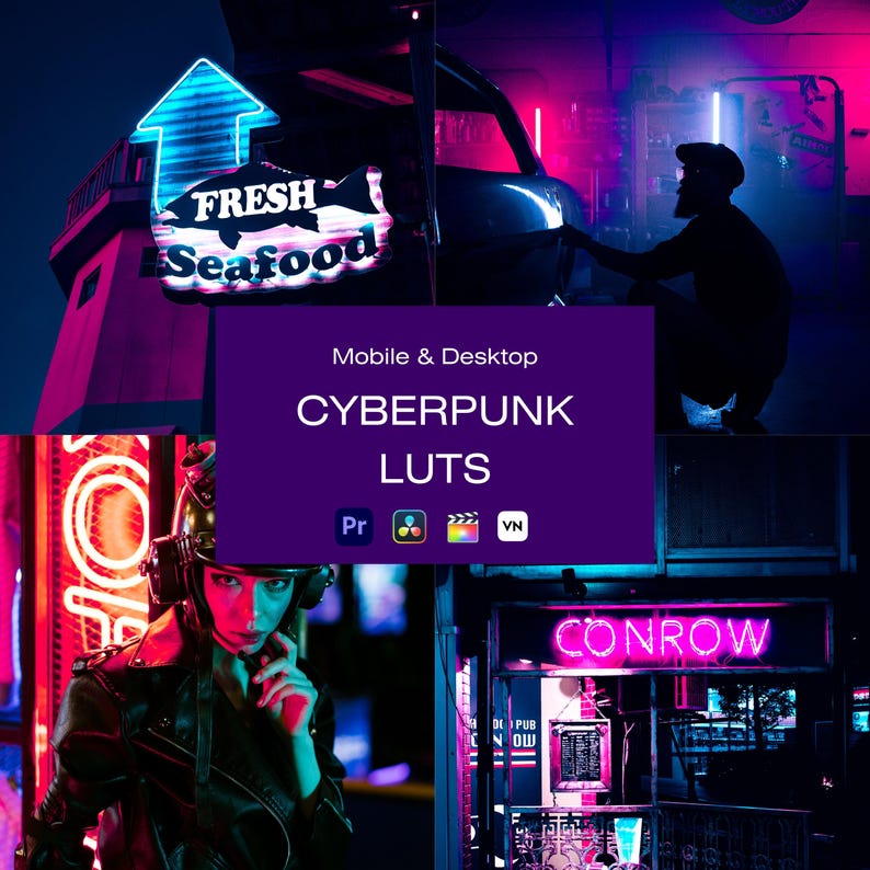 K&ouml;nnte beinhalten: Ein Neonschild f&uuml;r "Fresh Seafood" mit einem Pfeil und ein lila Banner mit "CYBERPUNK LUTS" und Logos von Bearbeitungssoftware. Das Bild hat eine Cyberpunk-&Auml;sthetik mit Neonlichtern und einem futuristischen Thema.