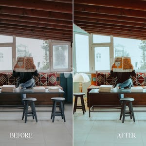 Before and after indoor lifestyle scene with person reading, enhanced using Fuji film preset with warm tones, soft highlights, and film grain effect