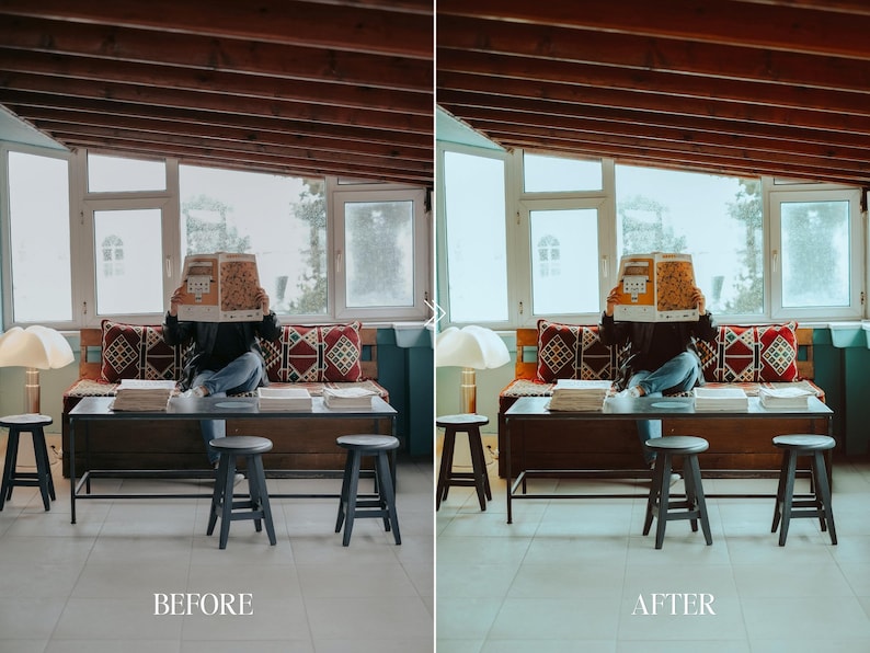 Before and after indoor lifestyle scene with person reading, enhanced using Fuji film preset with warm tones, soft highlights, and film grain effect