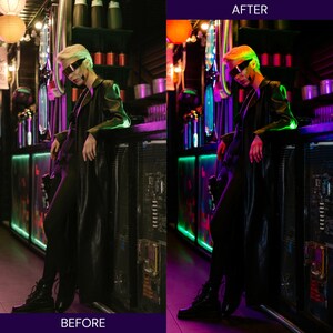 K&ouml;nnte beinhalten: Eine Person in einem schwarzen Ledermantel und Sonnenbrille lehnt an einer Bar mit Neonlichtern. Die Bar hat ein Computergeh&auml;use-Design. Das Bild ist geteilt und zeigt einen "Vorher"- und "Nachher"-Effekt, wobei die "Nachher"-Version verbesserte Neonfarben aufweist.