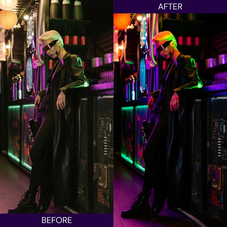 K&ouml;nnte beinhalten: Eine Person in einem schwarzen Ledermantel und Sonnenbrille lehnt an einer Bar mit Neonlichtern. Die Bar hat ein Computergeh&auml;use-Design. Das Bild ist geteilt und zeigt einen "Vorher"- und "Nachher"-Effekt, wobei die "Nachher"-Version verbesserte Neonfarben aufweist.