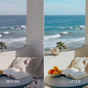Before and after photo of ocean balcony scene with coffee and book edited using Fuji film preset featuring brighter blues, warm highlights, and soft grain
