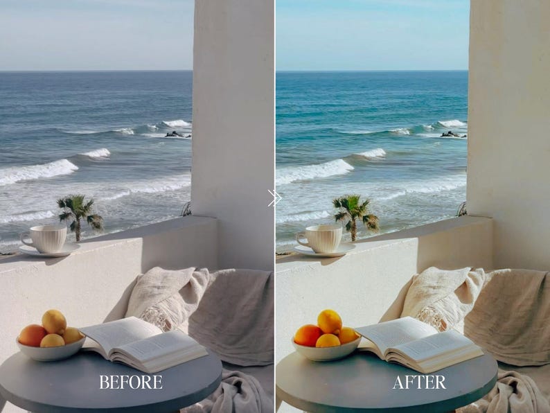 Before and after photo of ocean balcony scene with coffee and book edited using Fuji film preset featuring brighter blues, warm highlights, and soft grain