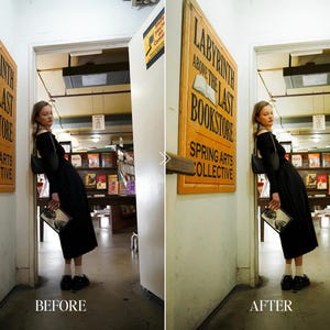 Before and after cozy cafe window setup with plants and table edited using Fuji film preset adding warm tones, soft light, and aesthetic vintage ambiance