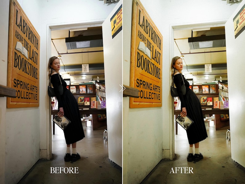 Before and after cozy cafe window setup with plants and table edited using Fuji film preset adding warm tones, soft light, and aesthetic vintage ambiance