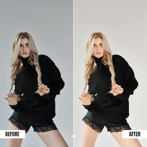 Studio portrait before and after Lightroom preset adding clarity, contrast and soft professional editorial look