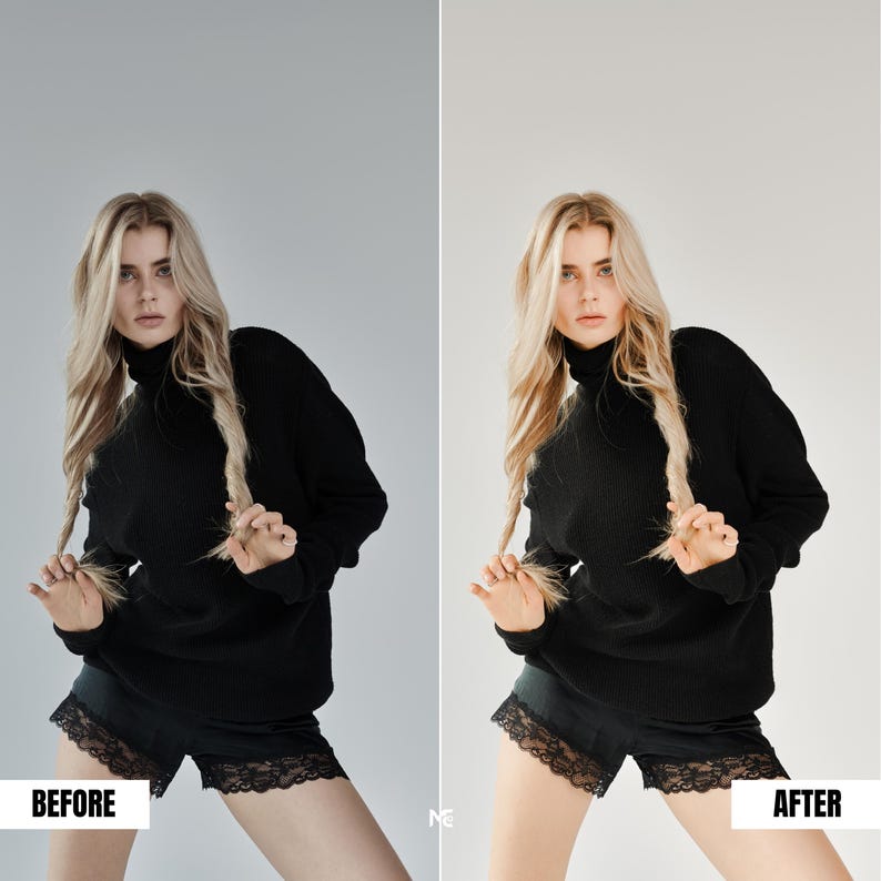 Studio portrait before and after Lightroom preset adding clarity, contrast and soft professional editorial look