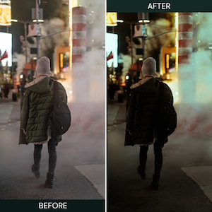 May include: A person wearing a green jacket and a white beanie walks down a city street at night. The street is foggy and there are bright lights in the background.