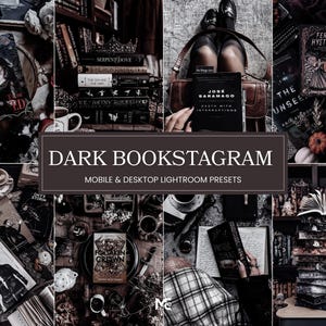 Dark Bookstagram Lightroom Presets for moody book photography, gothic books, black aesthetic editing, Dark Academia and cozy reading content.