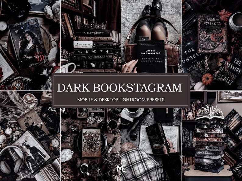 Dark Bookstagram Lightroom Presets for moody book photography, gothic books, black aesthetic editing, Dark Academia and cozy reading content.