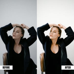 Indoor studio portrait before and after Lightroom preset enhancing depth, color balance and magazine style finish