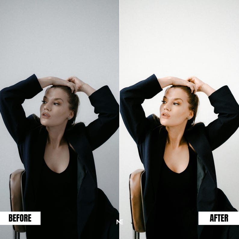 Indoor studio portrait before and after Lightroom preset enhancing depth, color balance and magazine style finish